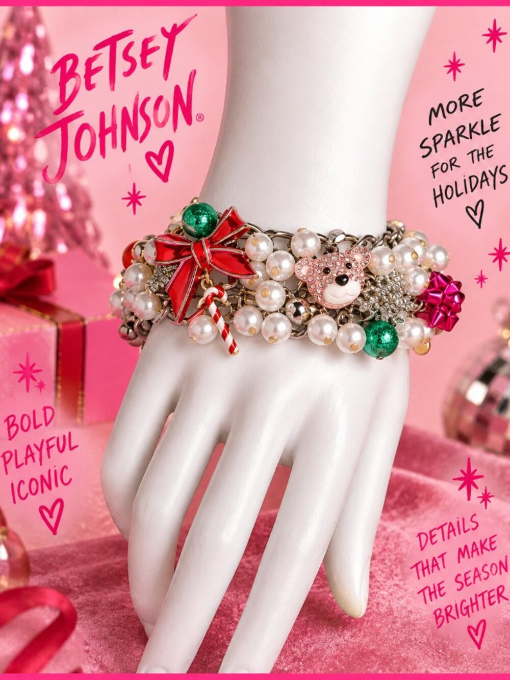 🧸 Betsey Johnson Christmas Pearl Charm Bracelet NWT